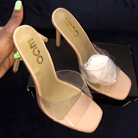 NEW EGO Shoes-NUDE SQUARE PEEP TOE CLEAR PERSPEX HEEL MULE IN PATENT (Size US 8) - Picture 2 of 6